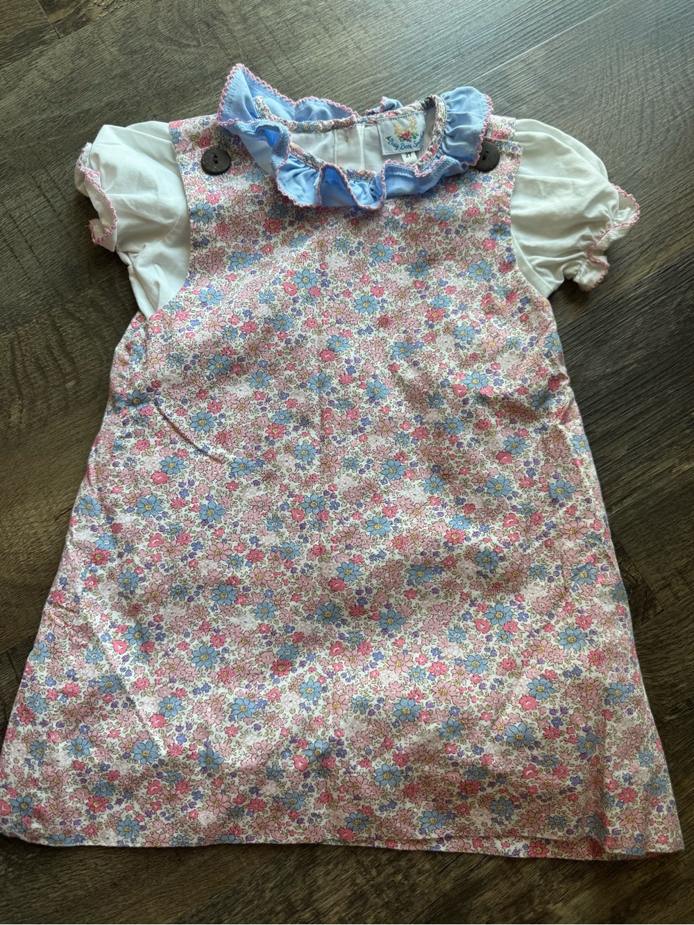 Girls Floral Dress with White Puff Sleeve Top - Pink & Blue